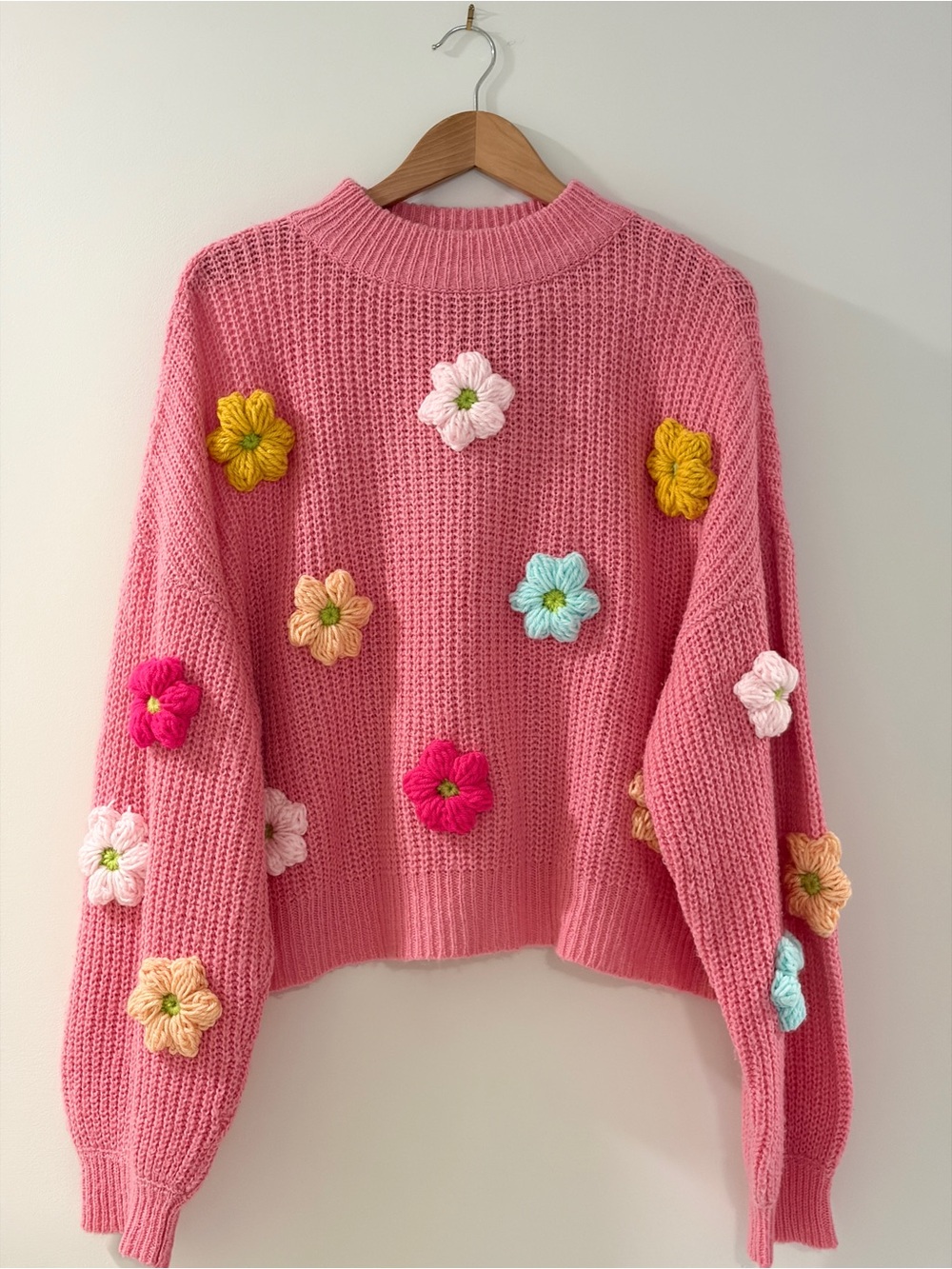 Vintage Sweater Upcycled with Crochet Flowers, (Large)